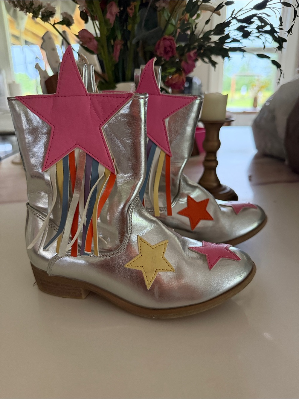 Kids Silver Star Fringe Boots - Pink & Multicolor Accents